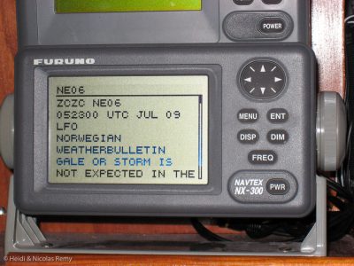 Bulletin météo norvégien reçu sur notre Navtex, reconnaissable aux deux lettres N et E.