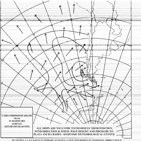 Parmi les fax météo diffusés, il y a même des prévisions de vagues à court-terme. Ici, il vaut mieux éviter de traverser le Golfo de Penas.